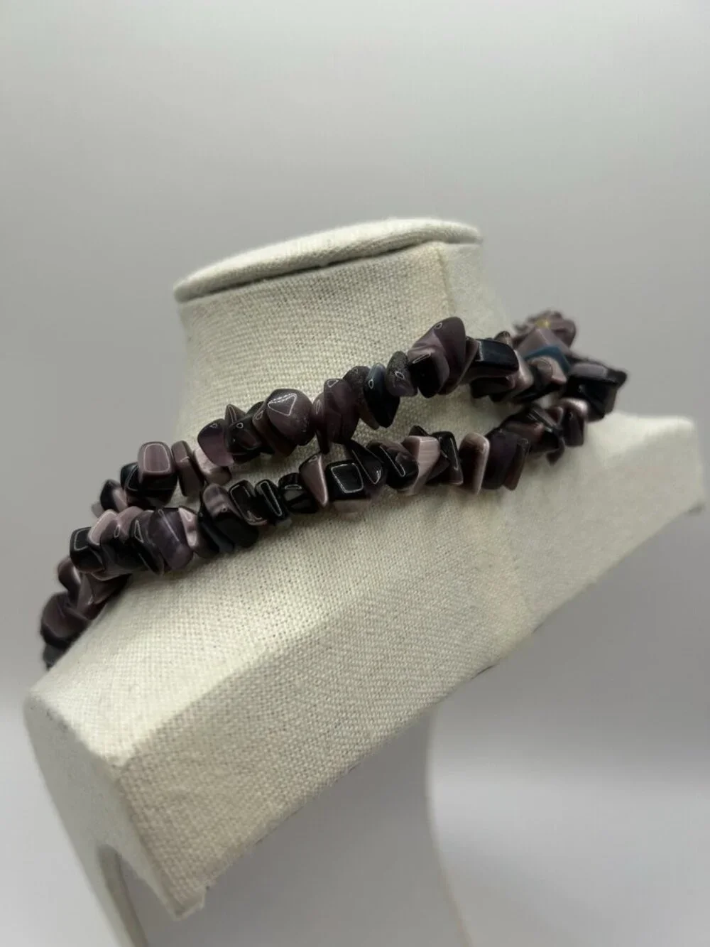 Purple Cat’s Eye Glass Chip Necklace Long 32” Boho Statement Vintage Jewelry